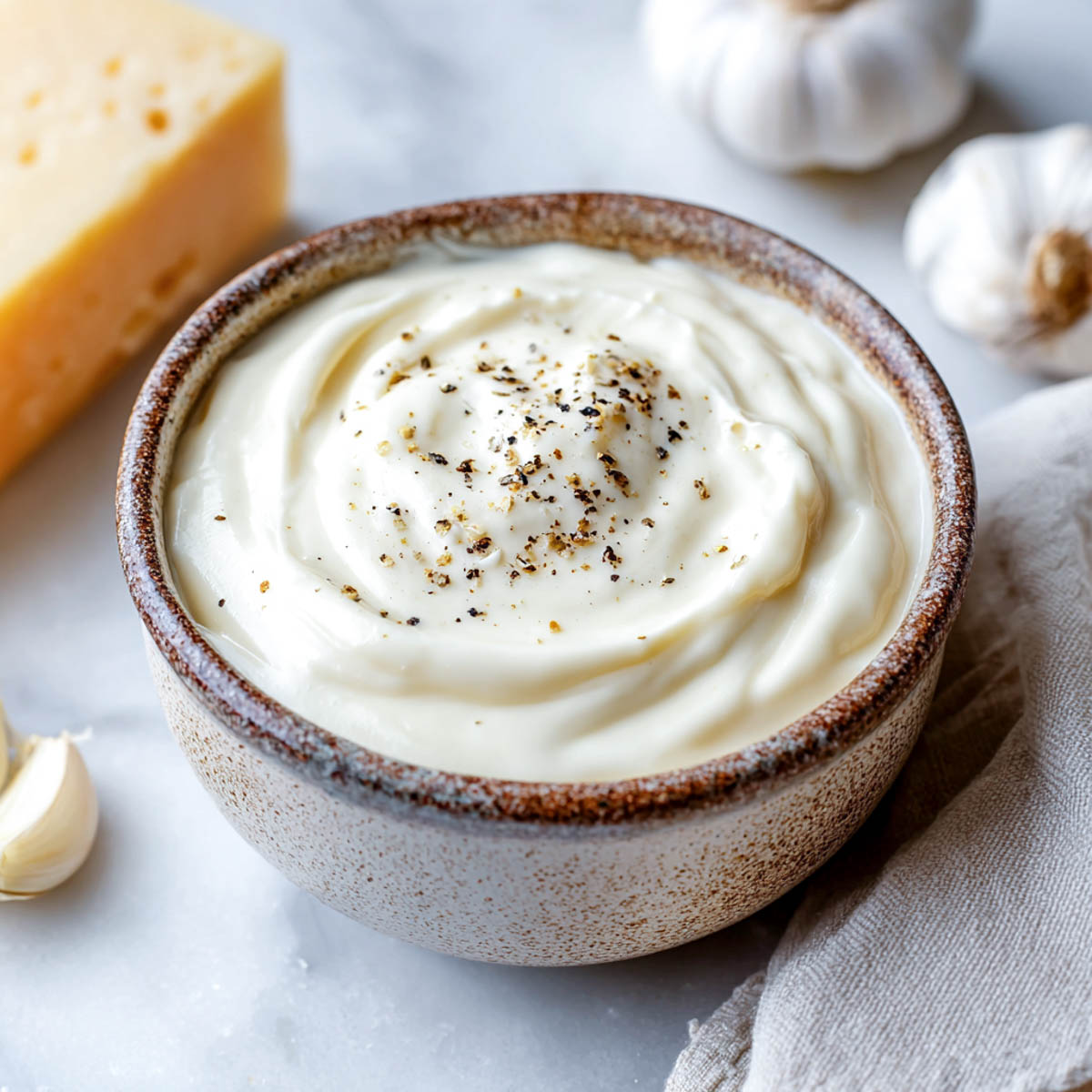 Side view of a rustic ceramic bowl filled with smooth Alfredo sauce made from cottage cheese, topped with cracked black pepper.
