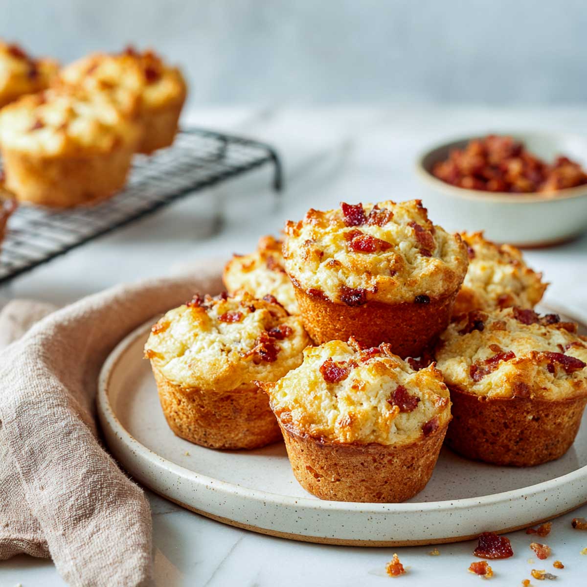 Angled view of savory bacon muffins with cottage cheese, scattered bacon crumbs, and a soft napkin.