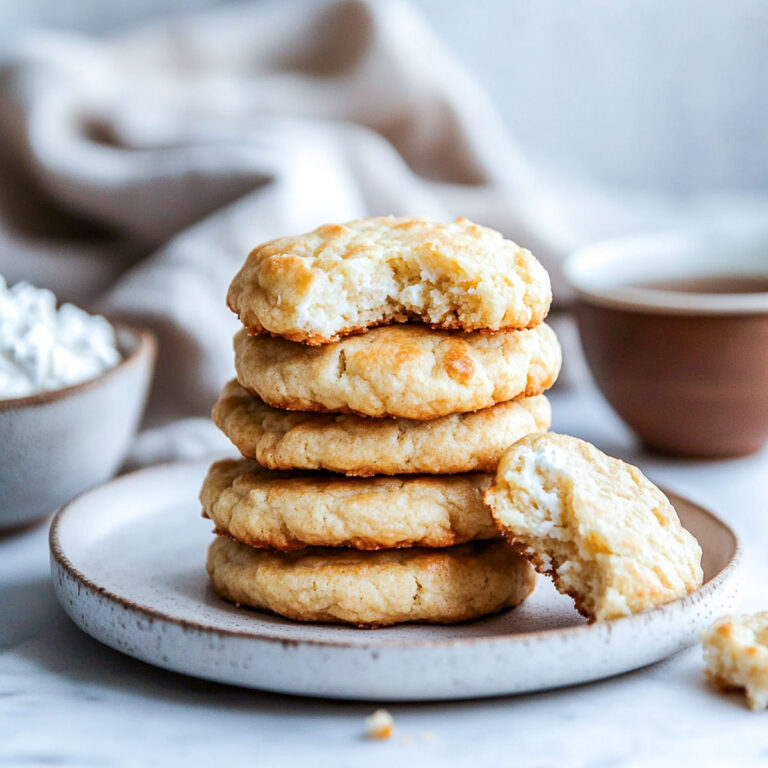Stack of soft cottage cheese cookies on a rustic ceramic plate with a bite taken out, with a blurred background of coffee and linen.