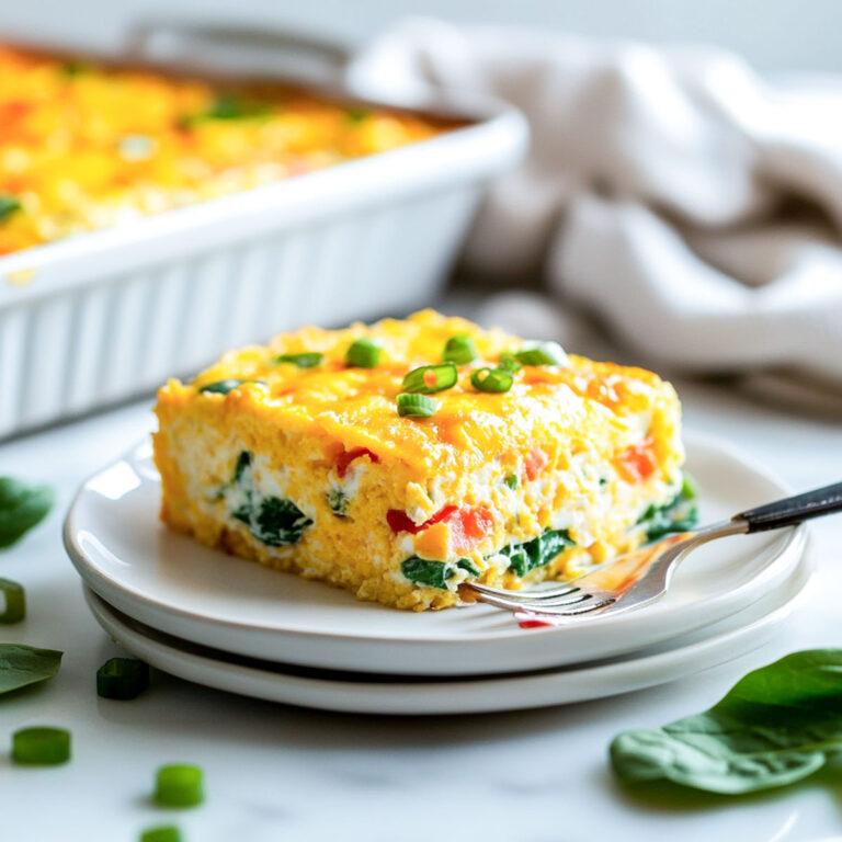 Single plated serving of cottage cheese egg casserole on stacked white plates, showing layers of spinach, peppers, and melted cheese, with the baking dish in the background.