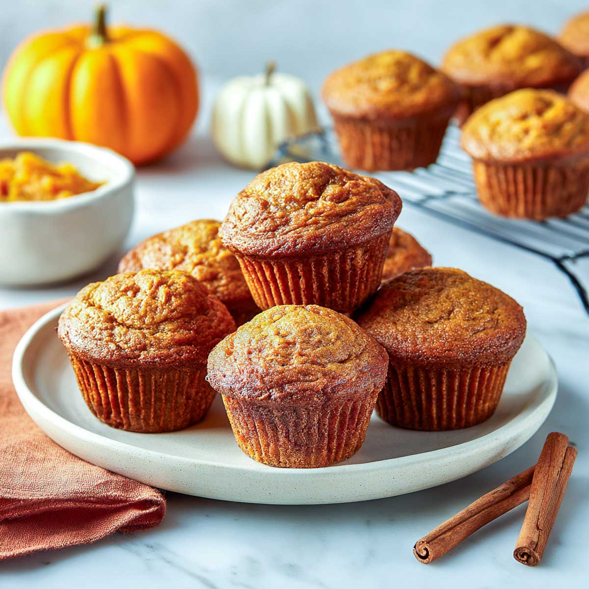 Angled view of pumpkin muffins with cottage cheese, small pumpkins, and cinnamon sticks.