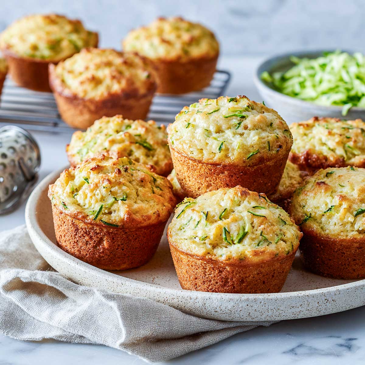 Angled view of zucchini muffins with cottage cheese, shredded zucchini, and grater in frame.