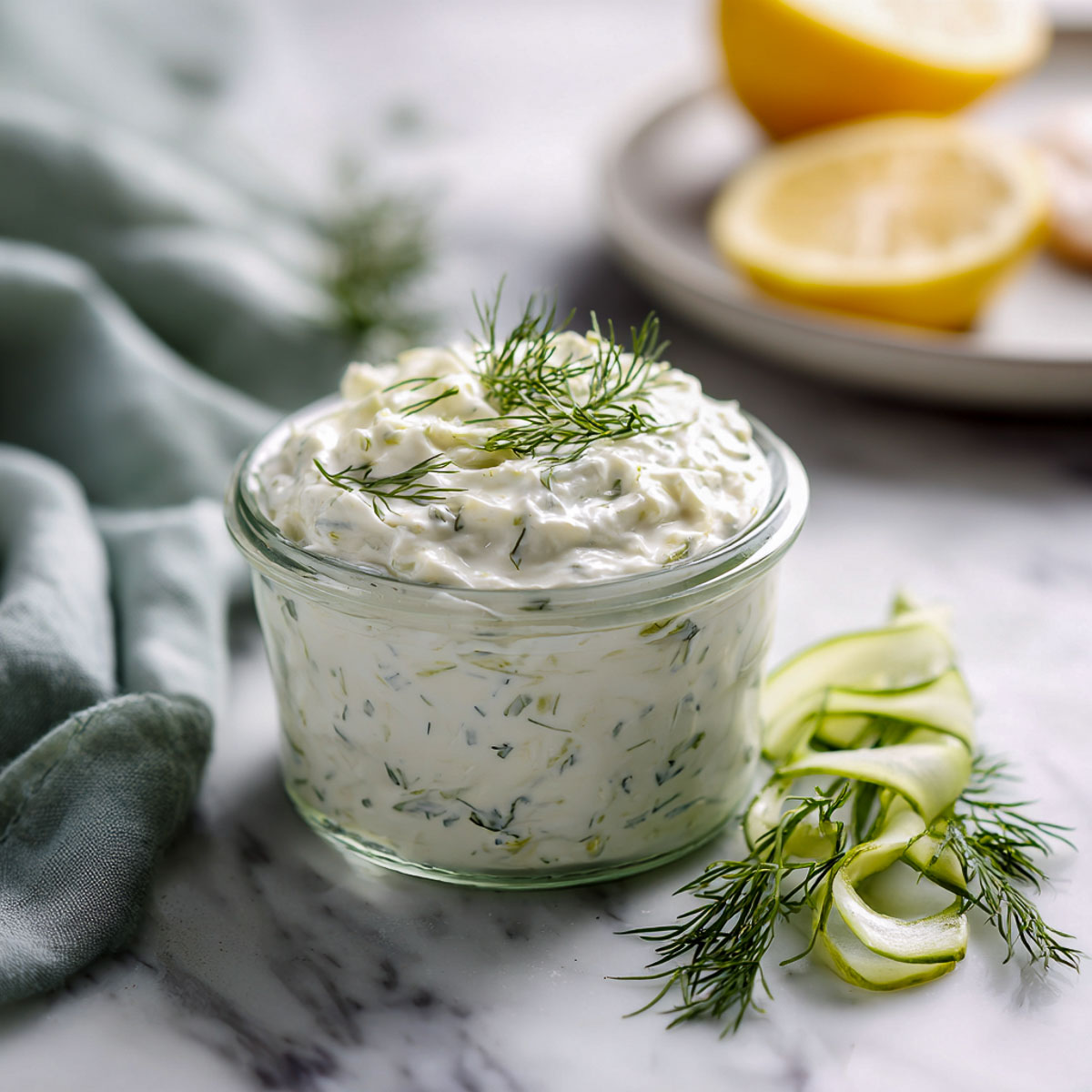 Thick cucumber dill yogurt marinade in a glass jar with fresh dill and lemon.