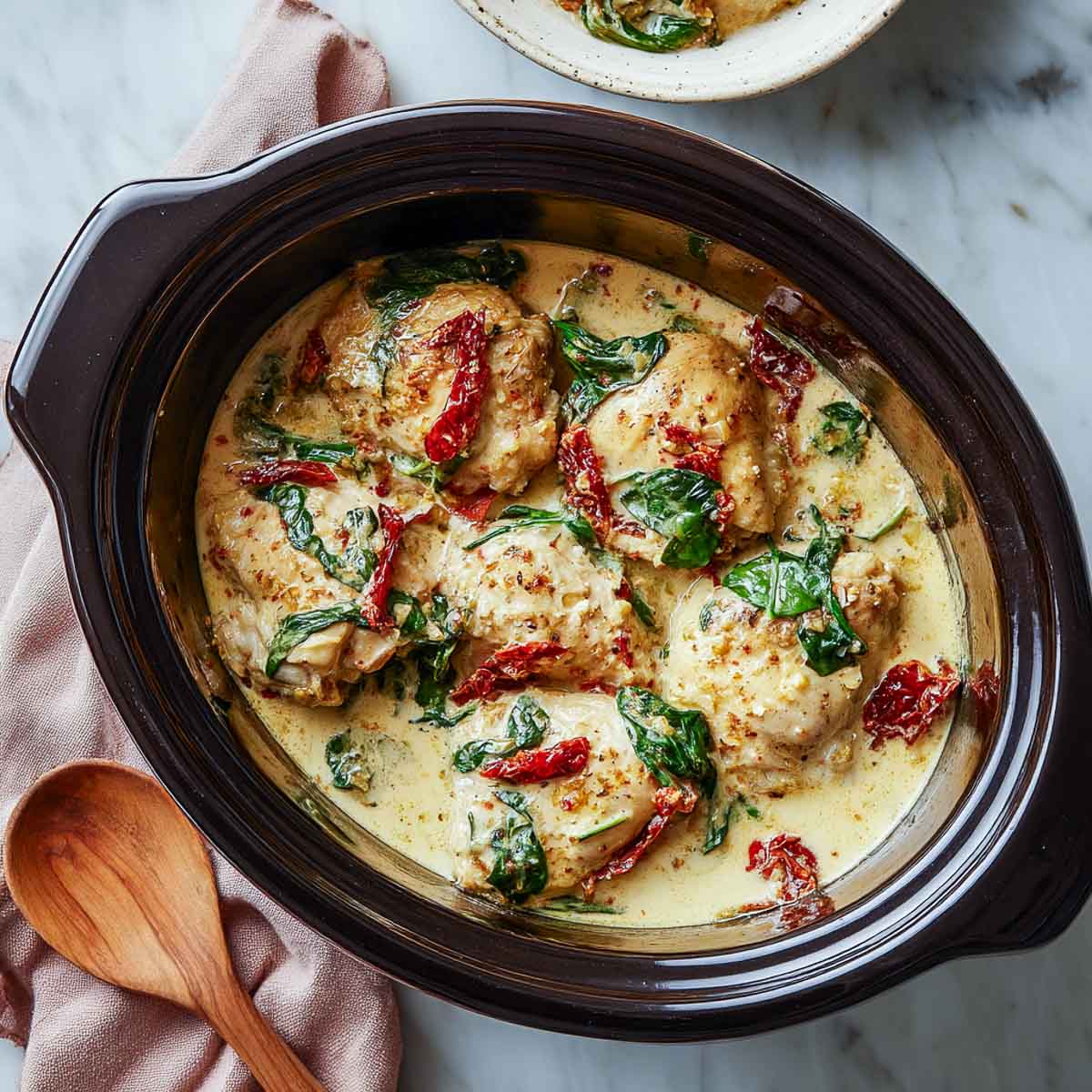 Golden garlic cream sauce with chicken thighs in a black crockpot.