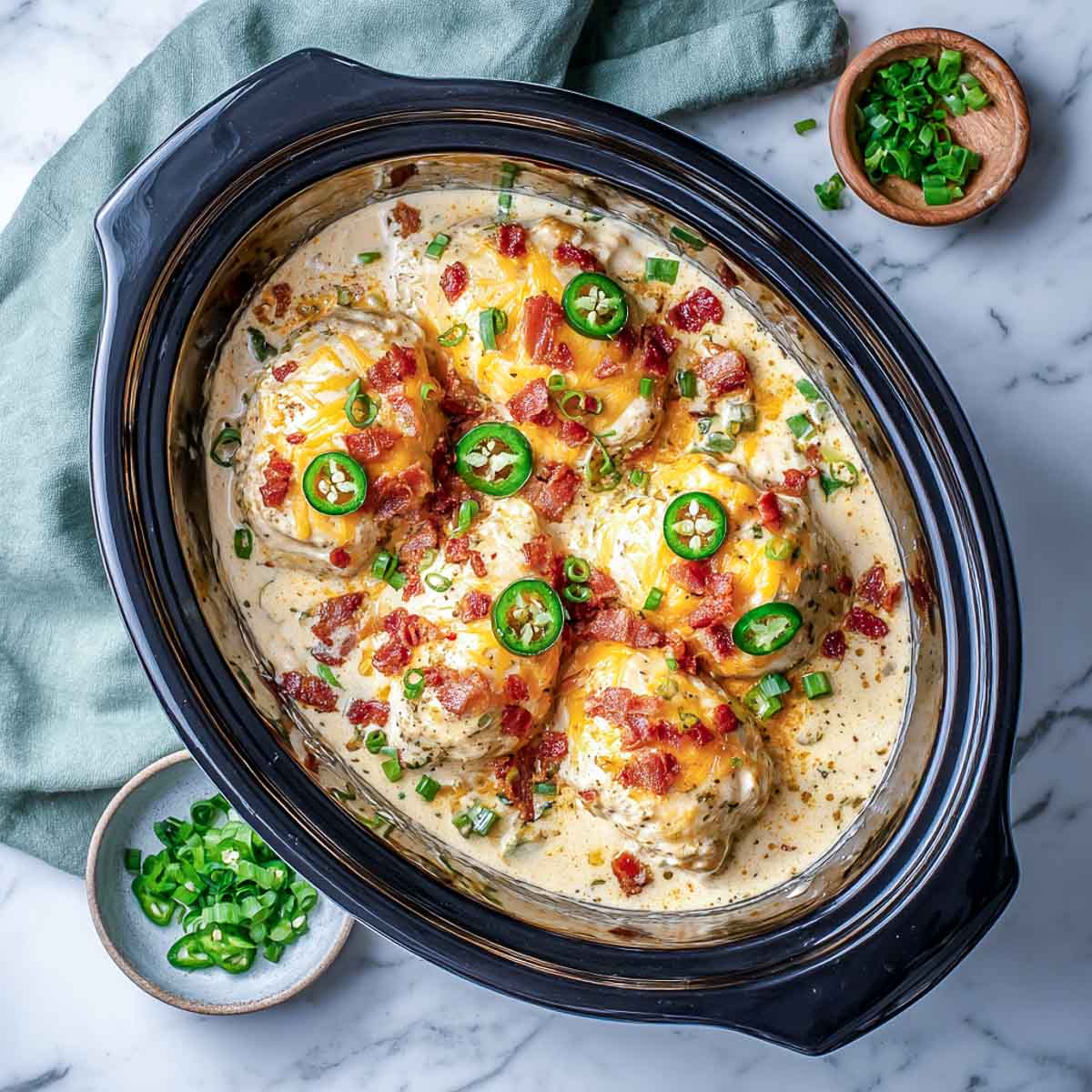 Top-down view of creamy keto crockpot jalapeño popper chicken topped with bacon and jalapeños.