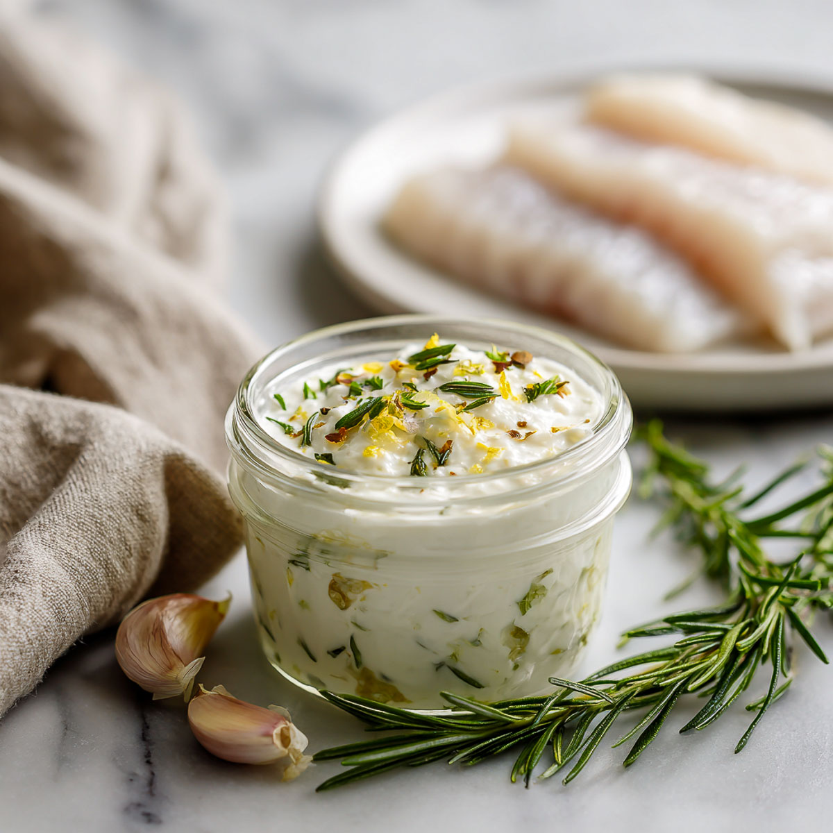 Yogurt marinade with rosemary and lemon zest in a glass jar beside raw fish.