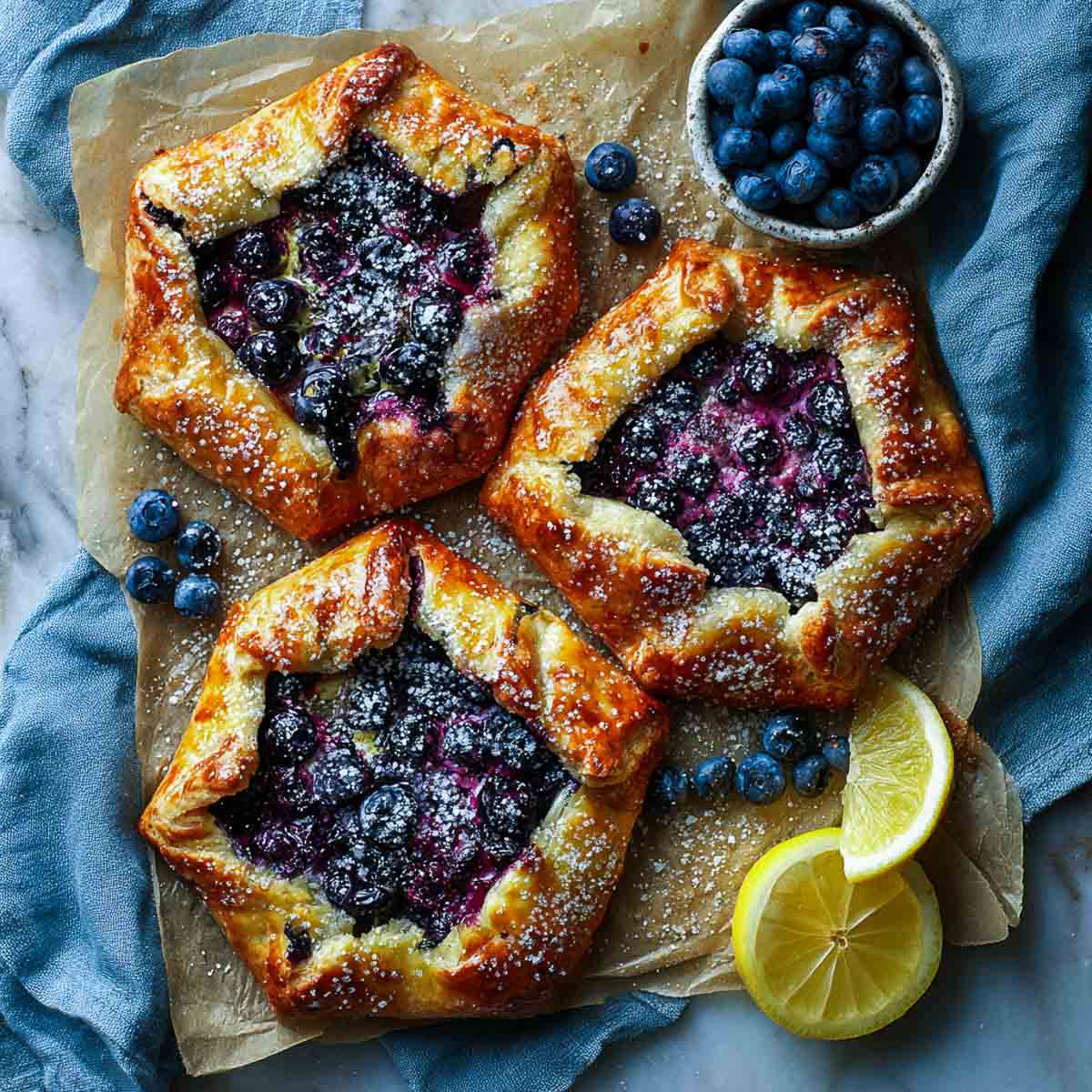 Top-down view of mini blueberry galettes on parchment with scattered berries and lemons.