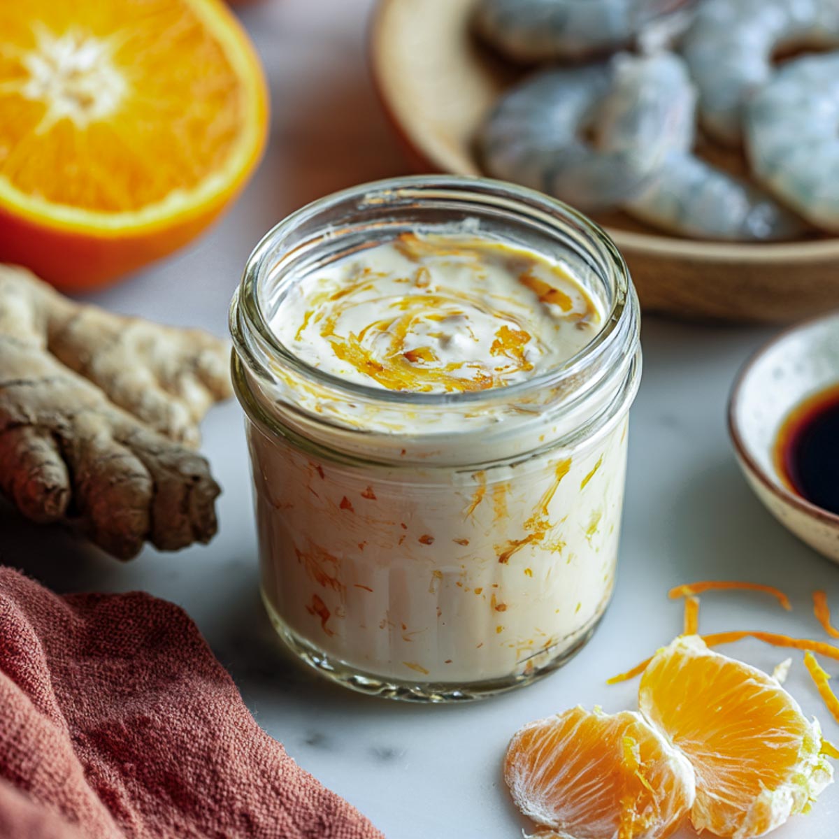 Orange yogurt marinade in a glass jar with ginger, zest, and raw shrimp nearby.
