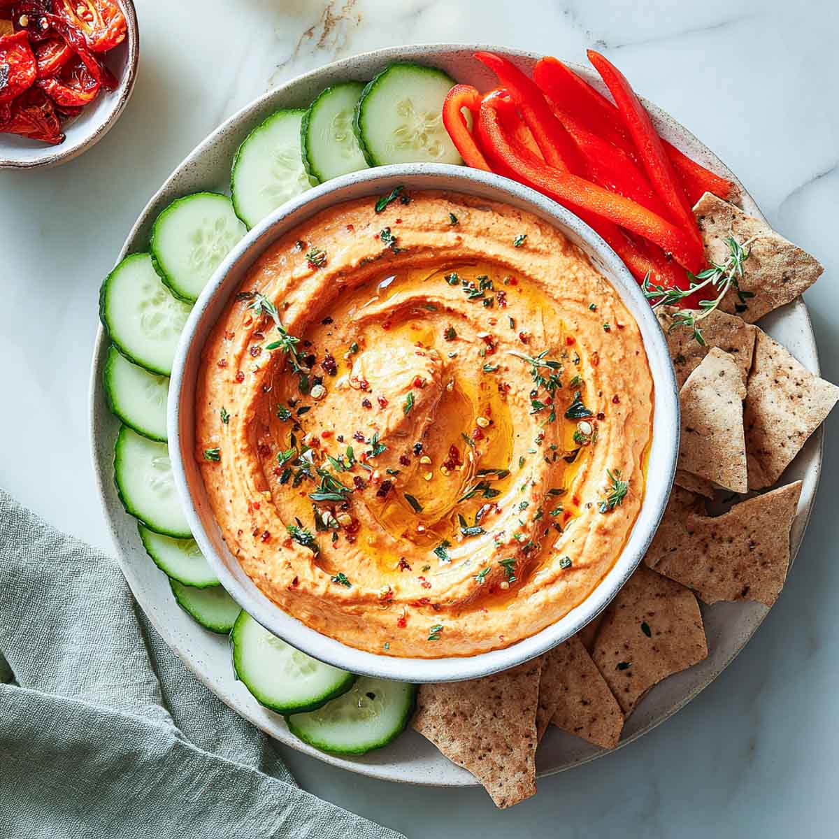 Creamy red pepper dip with herbs, olive oil, and pita chips on the side.