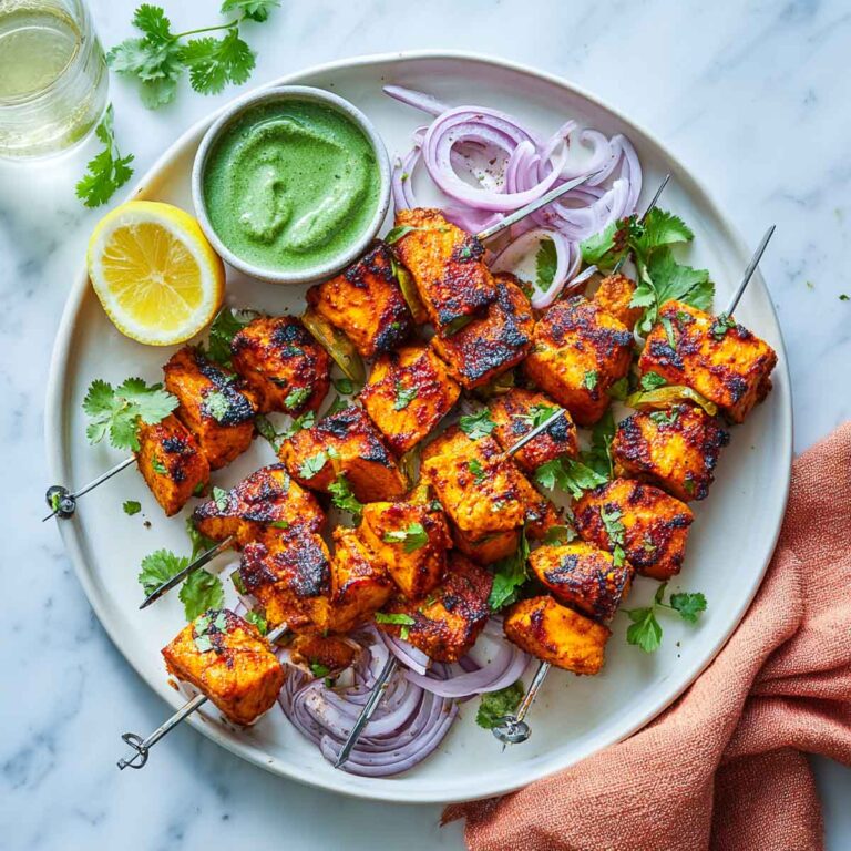Top-down view of salmon tikka skewers with chutney, lemon, and red onions.