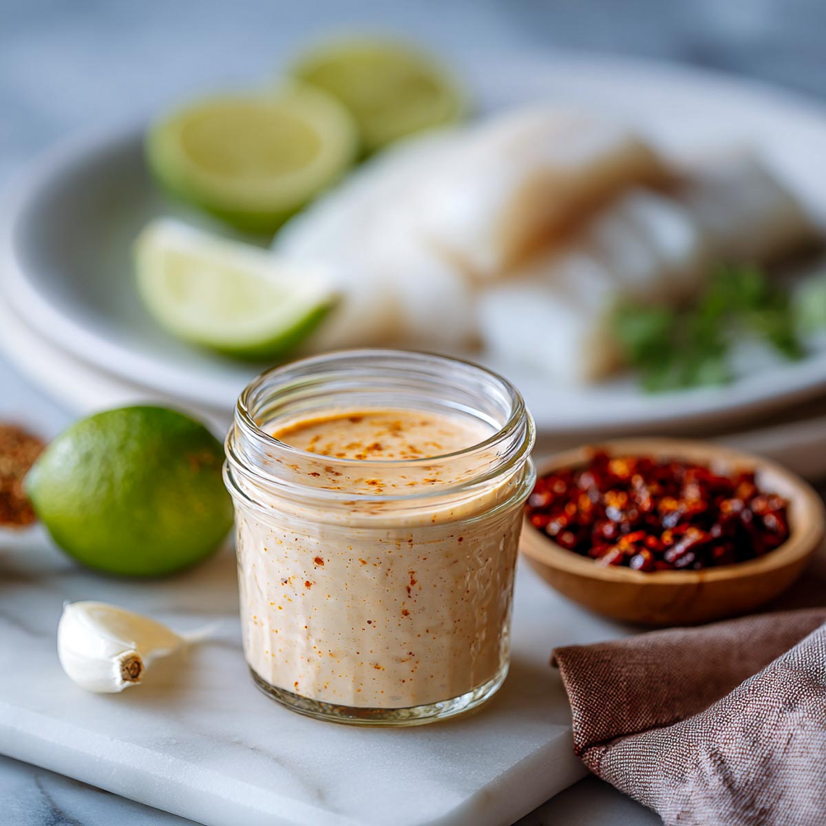 Chipotle lime yogurt marinade in a glass jar with raw fish and limes behind.