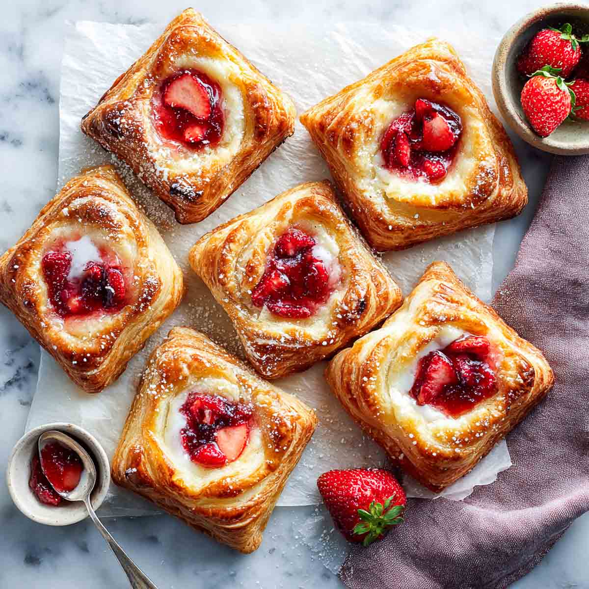 Flaky square danishes with cream cheese and strawberry filling on parchment.
