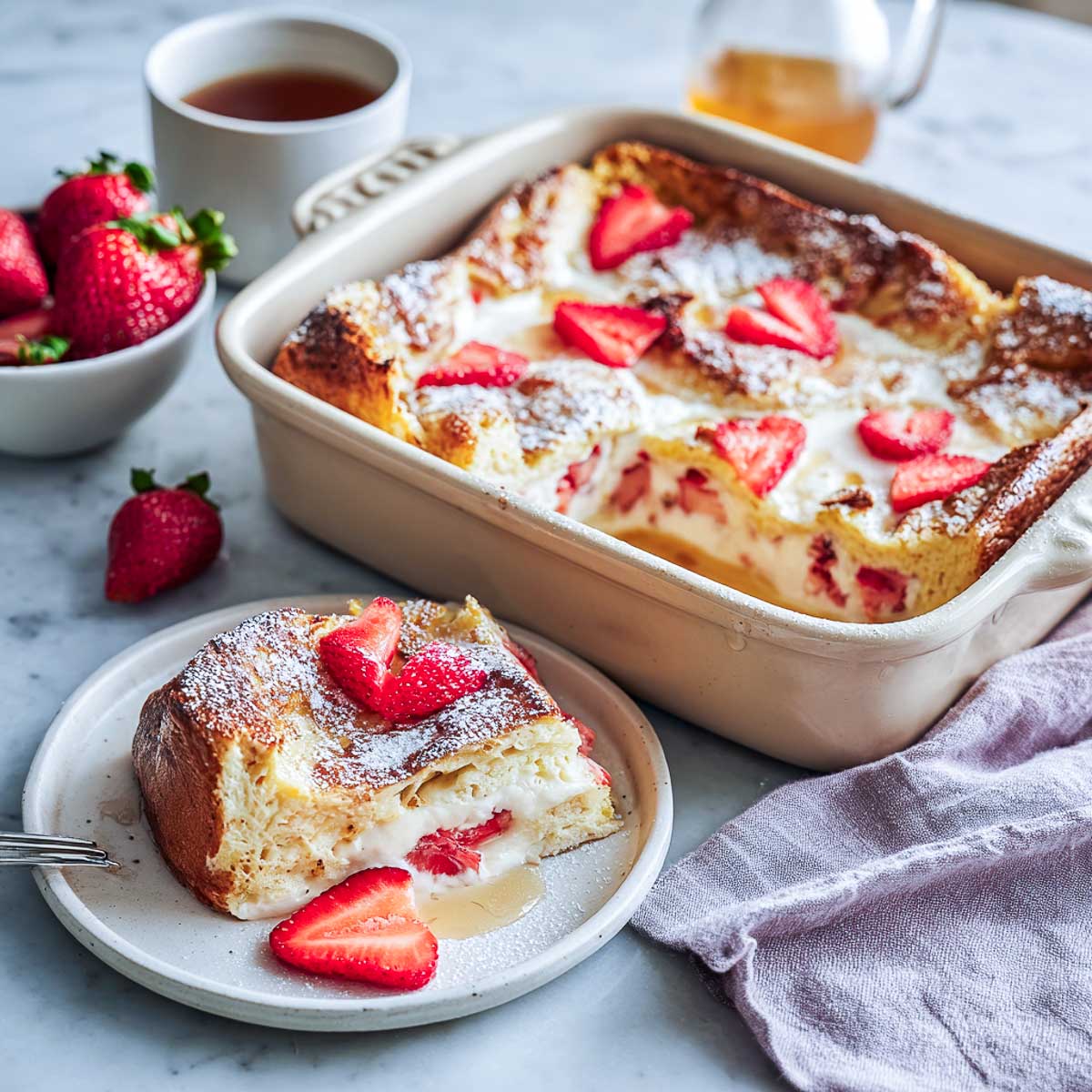French toast bake with cream cheese and strawberries, served with maple syrup.