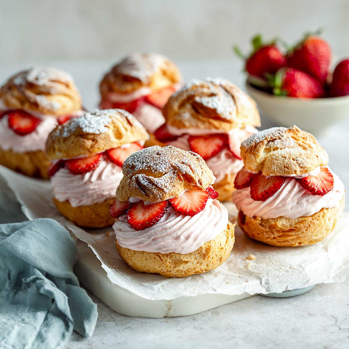 Golden cream puffs filled with pink strawberry cream and fresh berries.