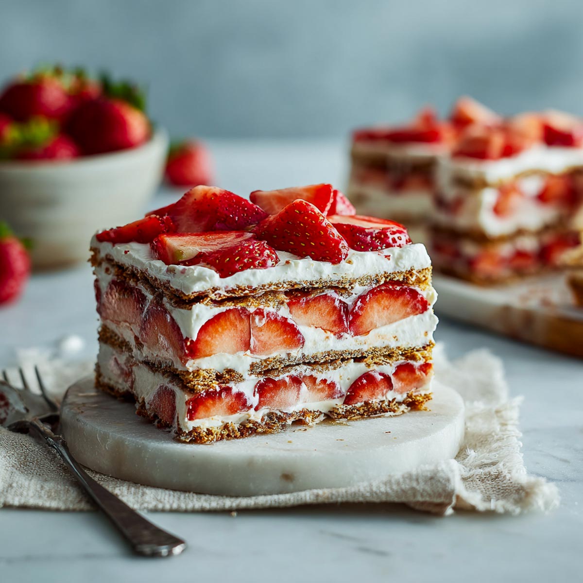 Layered strawberry icebox cake slice with whipped cream and graham crackers.