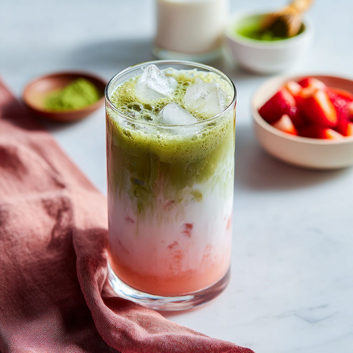 Side view of iced strawberry matcha latte in a clear glass with layers visible.