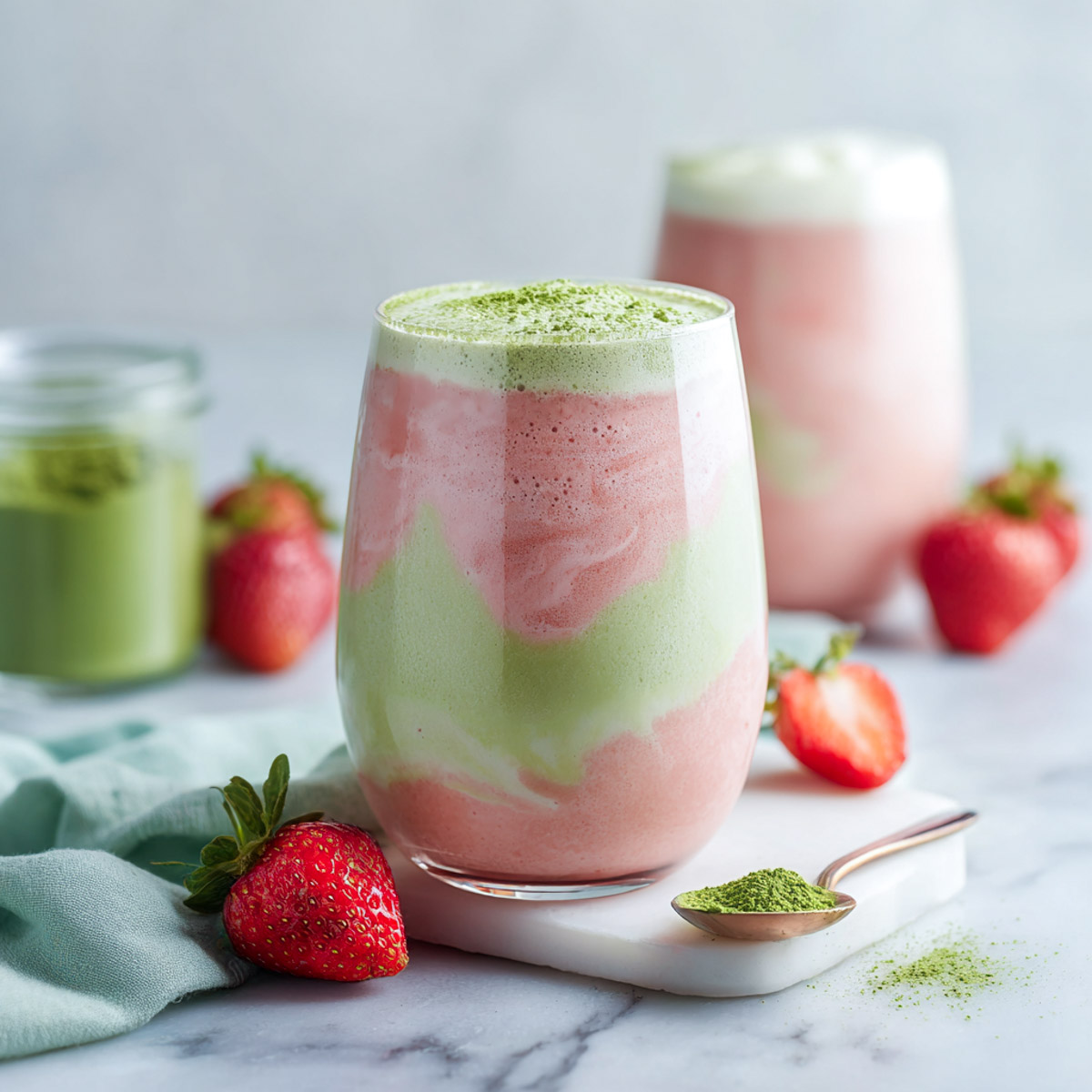Layered strawberry matcha smoothie in a clear glass with visible swirls.