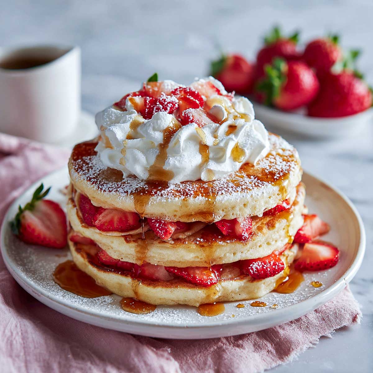 Fluffy pancakes with fresh strawberries, whipped cream, and syrup drizzle.