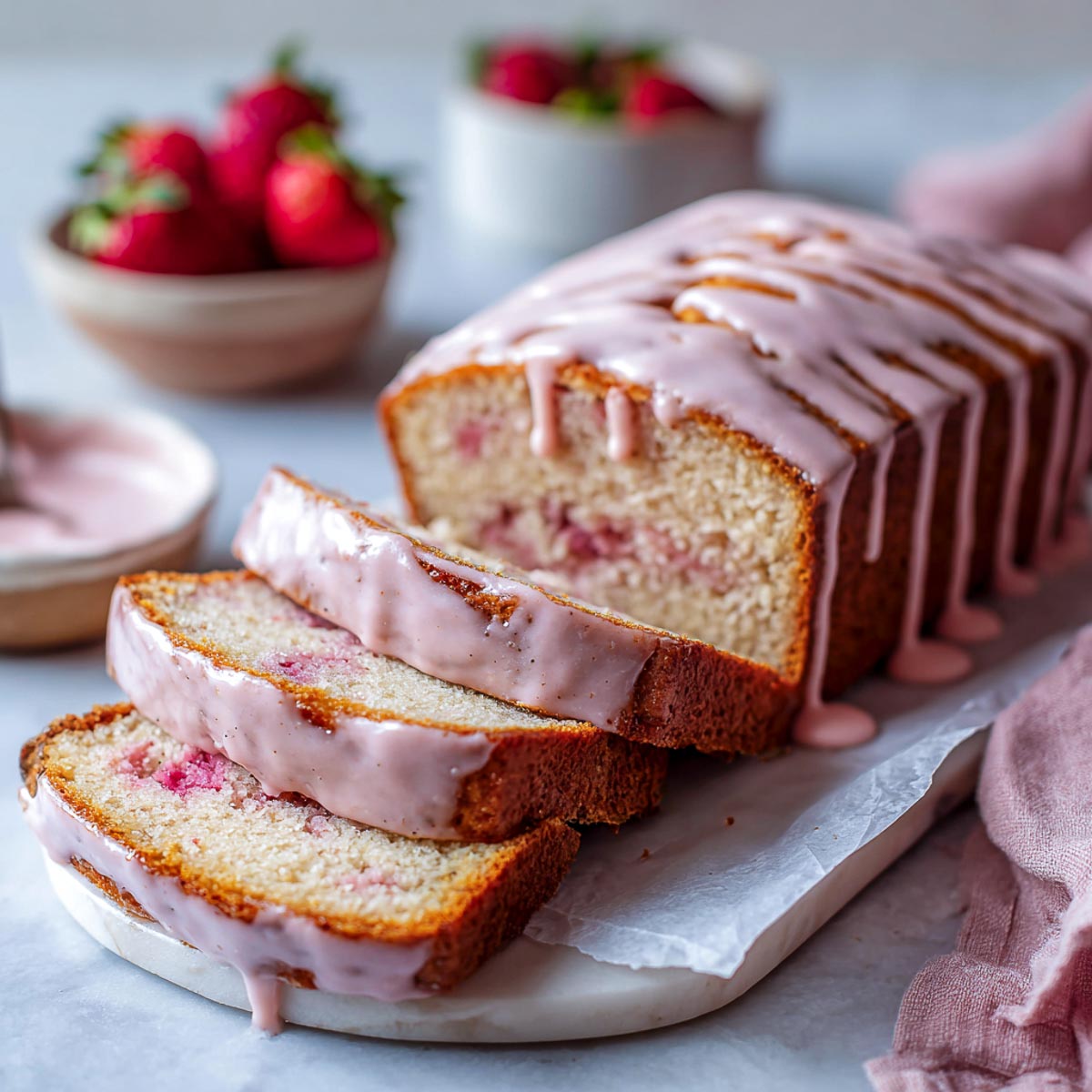 Sliced strawberry pound cake loaf with pink glaze on white marble.