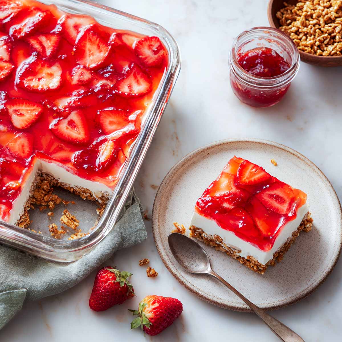 Top-down shot of strawberry pretzel salad slice with jam jar and crumbs.