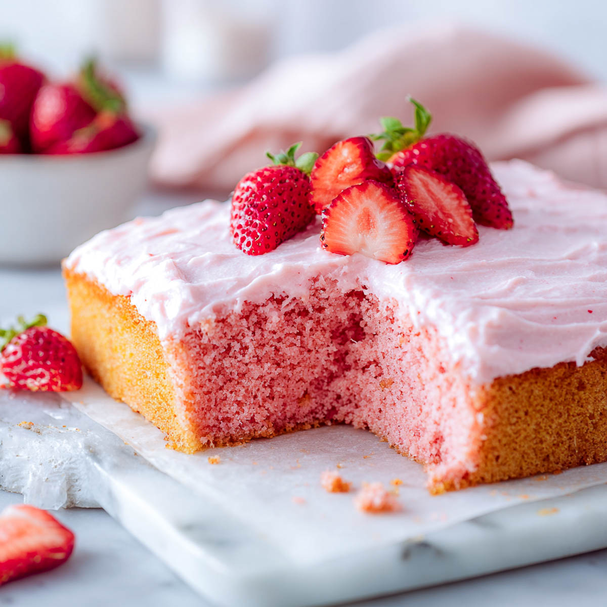 Pink strawberry cake with cream cheese frosting and sliced strawberries on top.