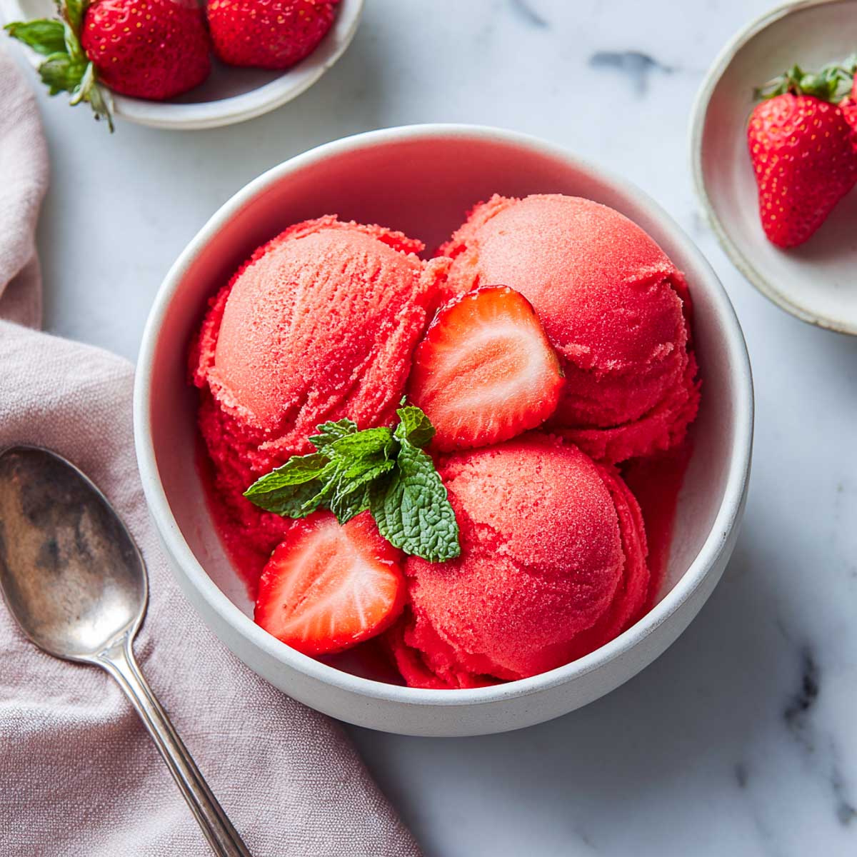 Bowl of bright strawberry sorbet with mint and sliced berries on top.