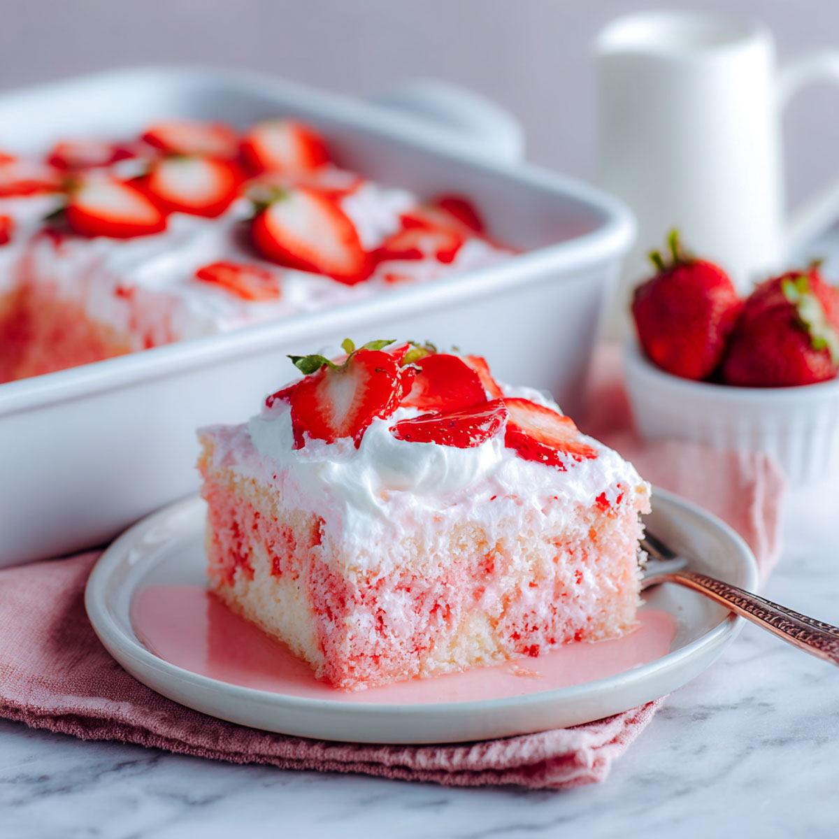 Side view of a square strawberry tres leches cake with whipped cream and berries.