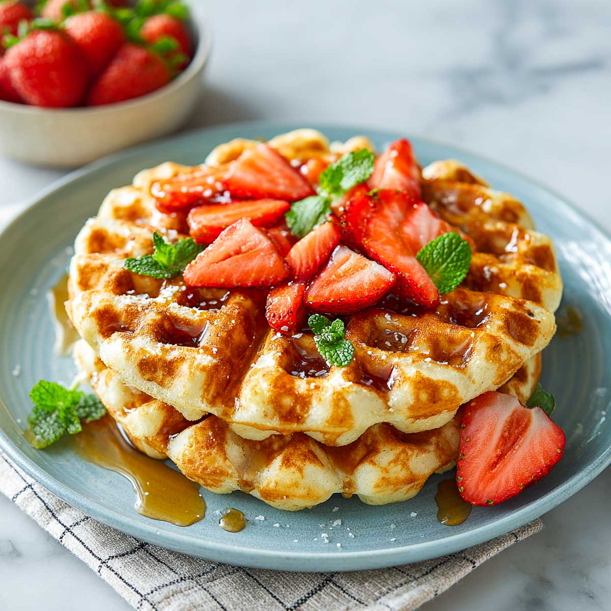 Round waffles topped with strawberries, mint leaves, and maple syrup.