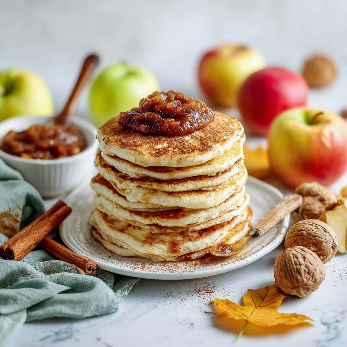 Stack of apple butter pancakes topped with cinnamon swirl.