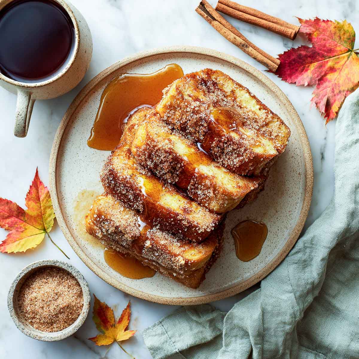 Apple cider donut French toast slices dusted with cinnamon sugar and syrup.