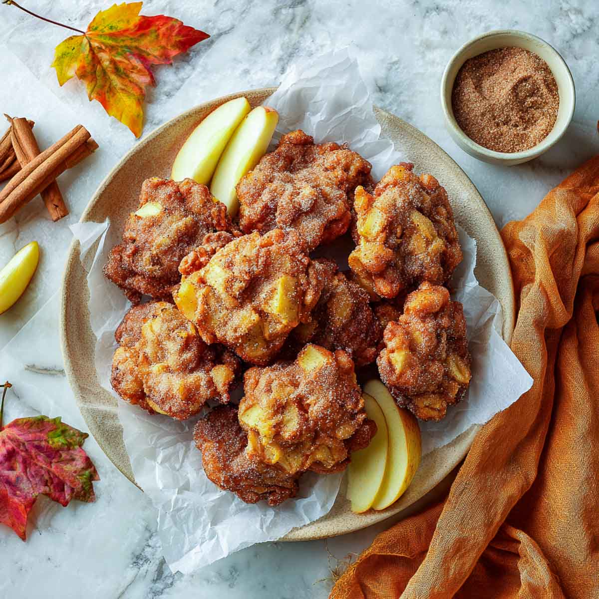 Top-down view of apple fritters dusted with cinnamon sugar on a plate.