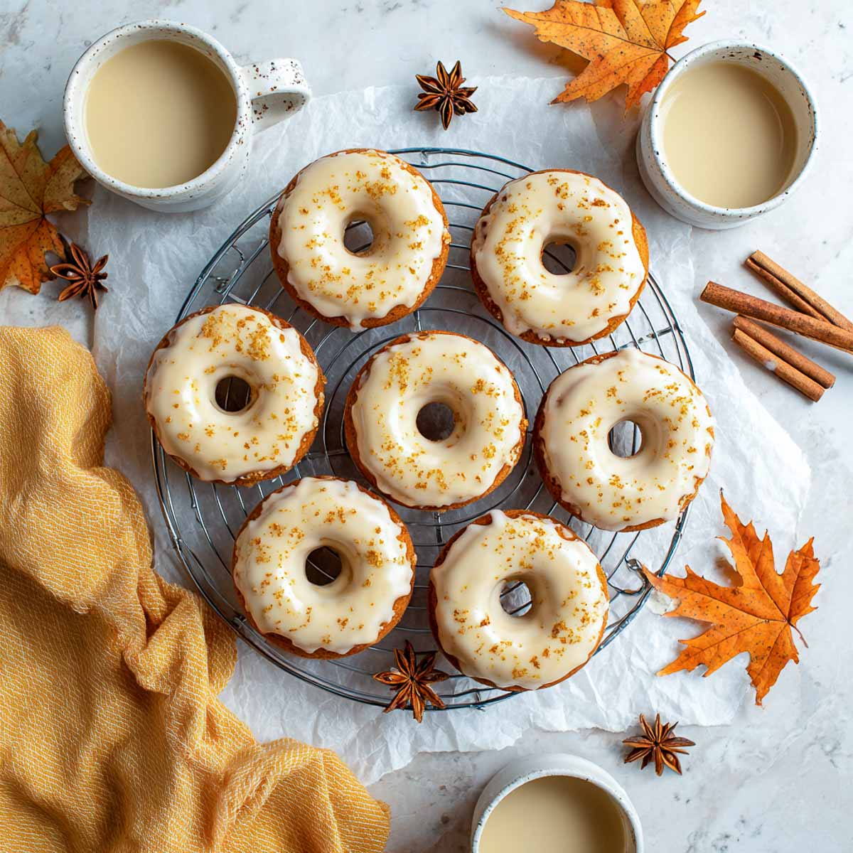 Seven baked chai spiced donuts on wire rack with star anise, cinnamon sticks, and mugs.