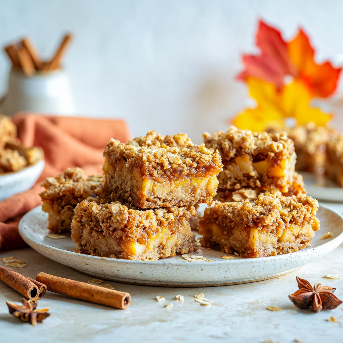 Pumpkin apple oat bars cut into squares on ceramic plate with cinnamon sticks in the background.