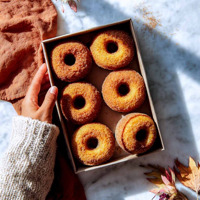 Cinnamon-sugar coated pumpkin donuts on plate.