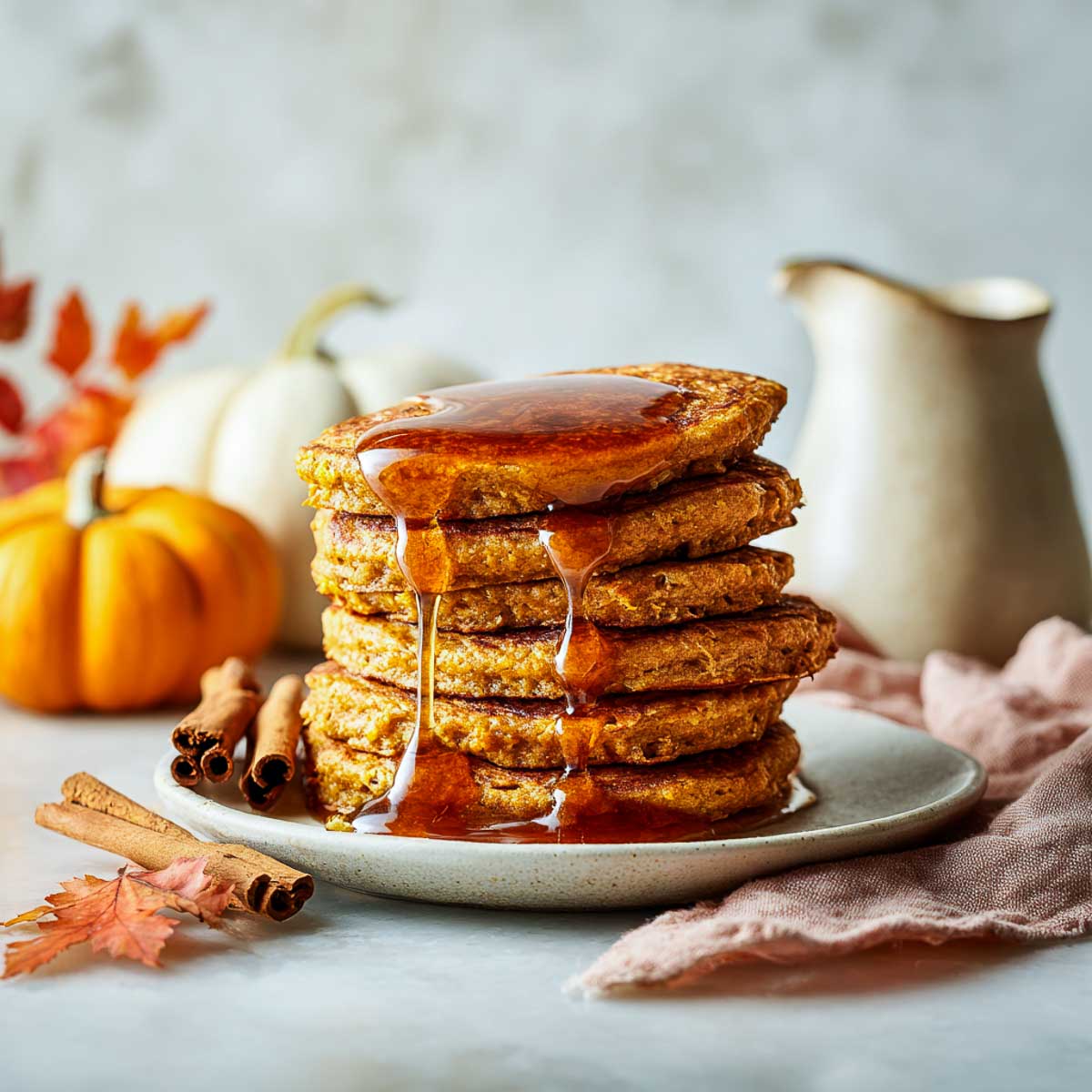 Side view of stacked pumpkin oatmeal pancakes with maple syrup.