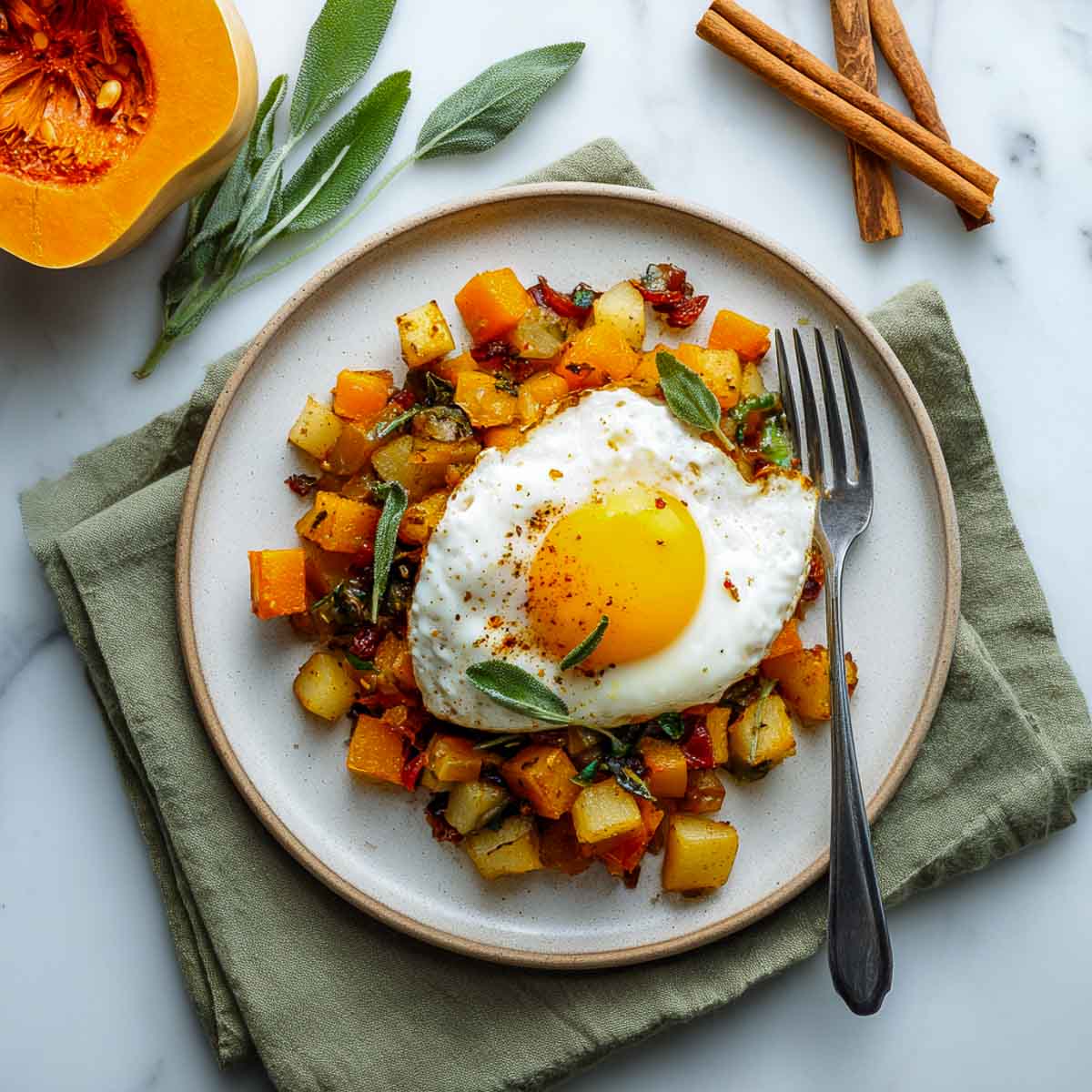 Single fried egg served over colorful butternut squash and potato hash on a plate.
