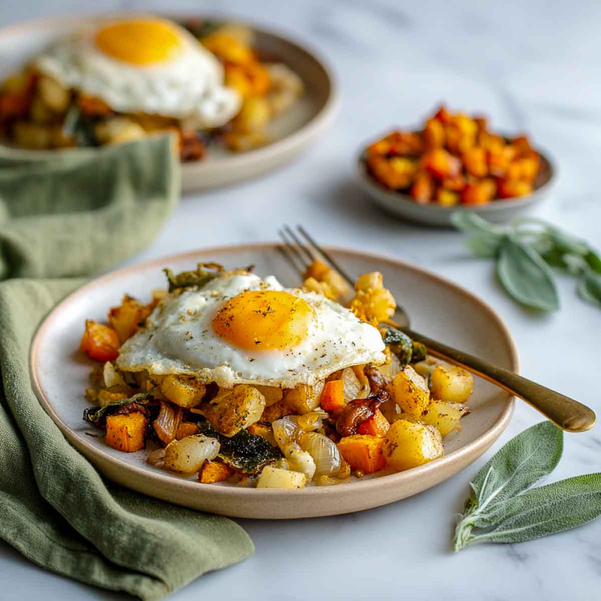 Two plates of squash hash topped with eggs, one in focus with scattered herbs.