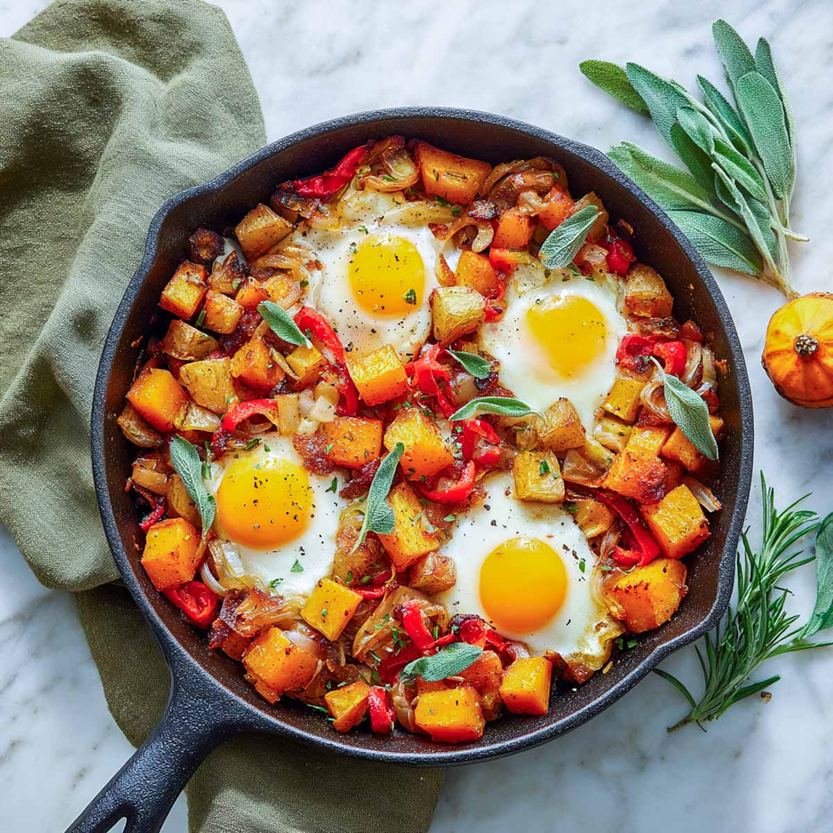 Four sunny-side-up eggs nestled in a skillet of golden butternut squash hash.