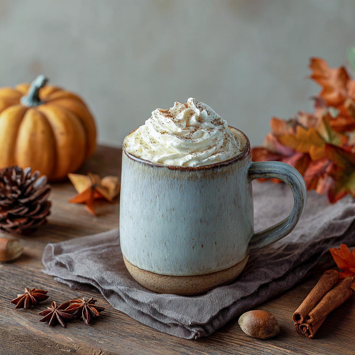 Hot caramel brulée latte in stoneware mug with whipped cream.