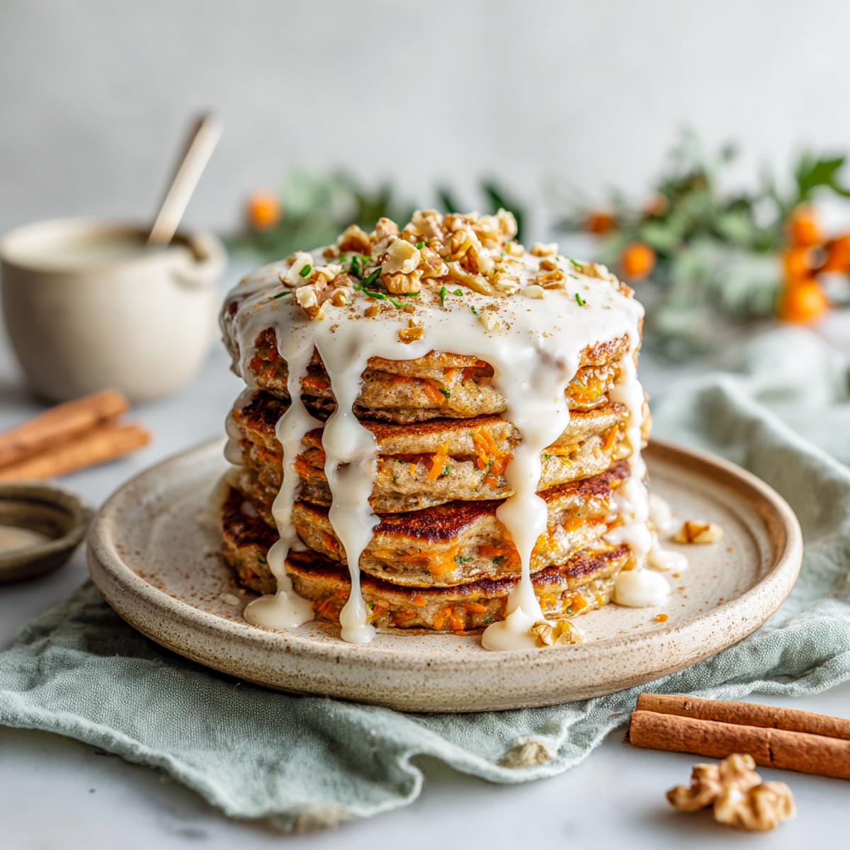 Stack of carrot cake pancakes with maple cream cheese drizzle and fresh thyme.