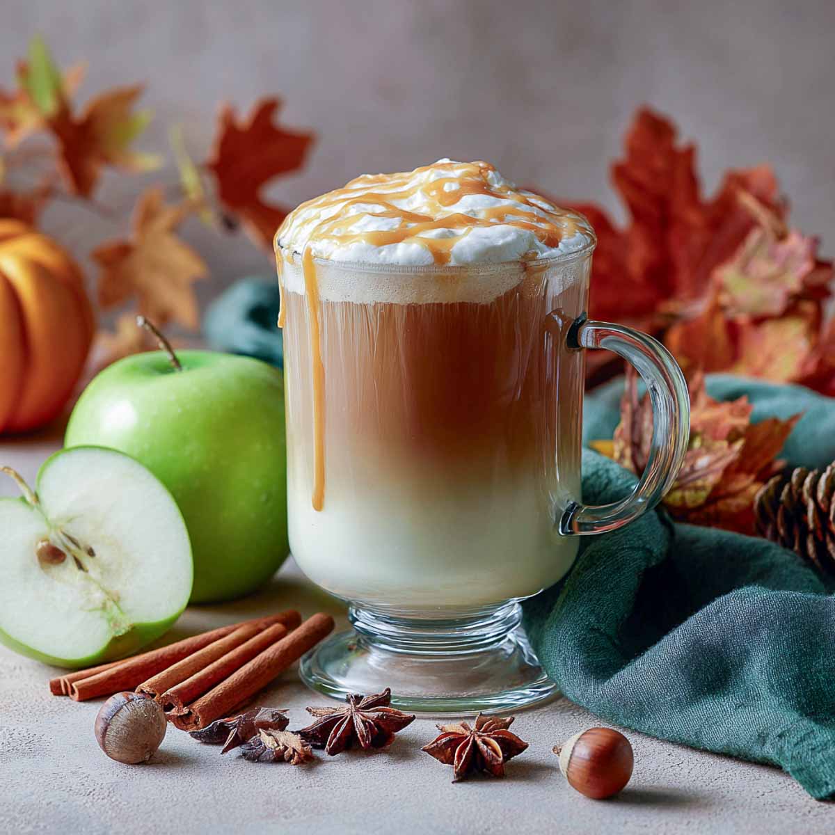 Hot chai tea latte in clear glass with caramel drizzle on top.