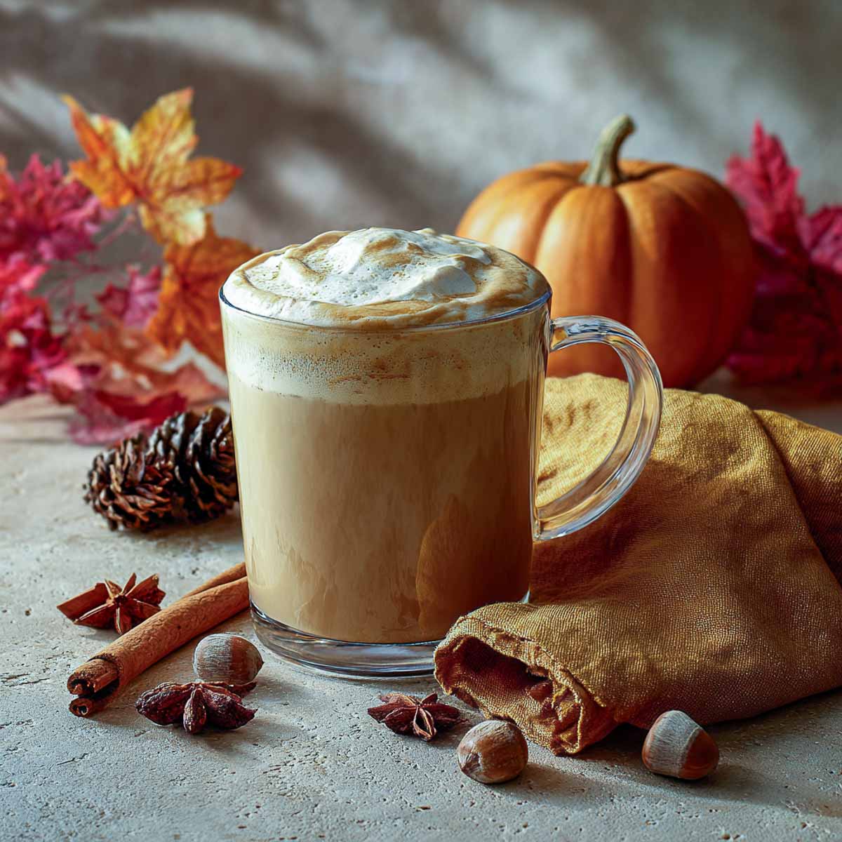 Hot cinnamon dolce latte in a mug with pumpkin cold foam.