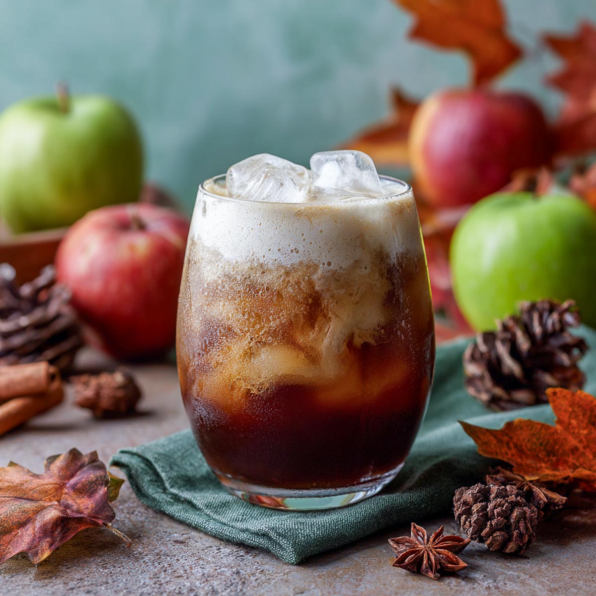 Iced cold brew in rounded glass with layered apple brown sugar foam.