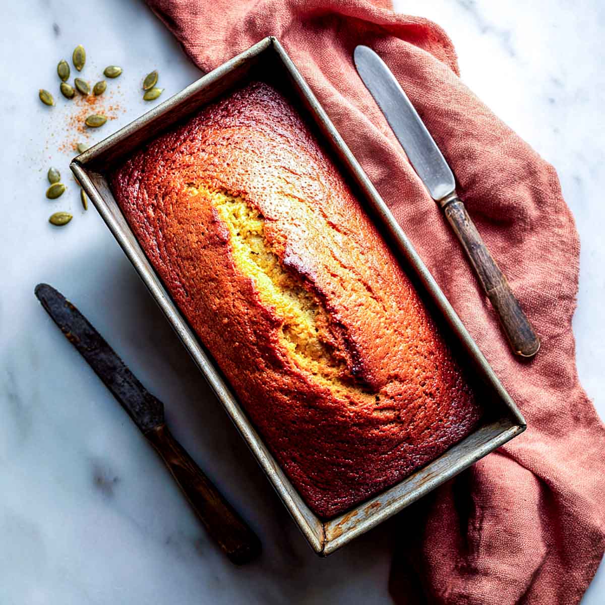 Top-down view of baked pumpkin bread loaf in pan with napkin in the background.