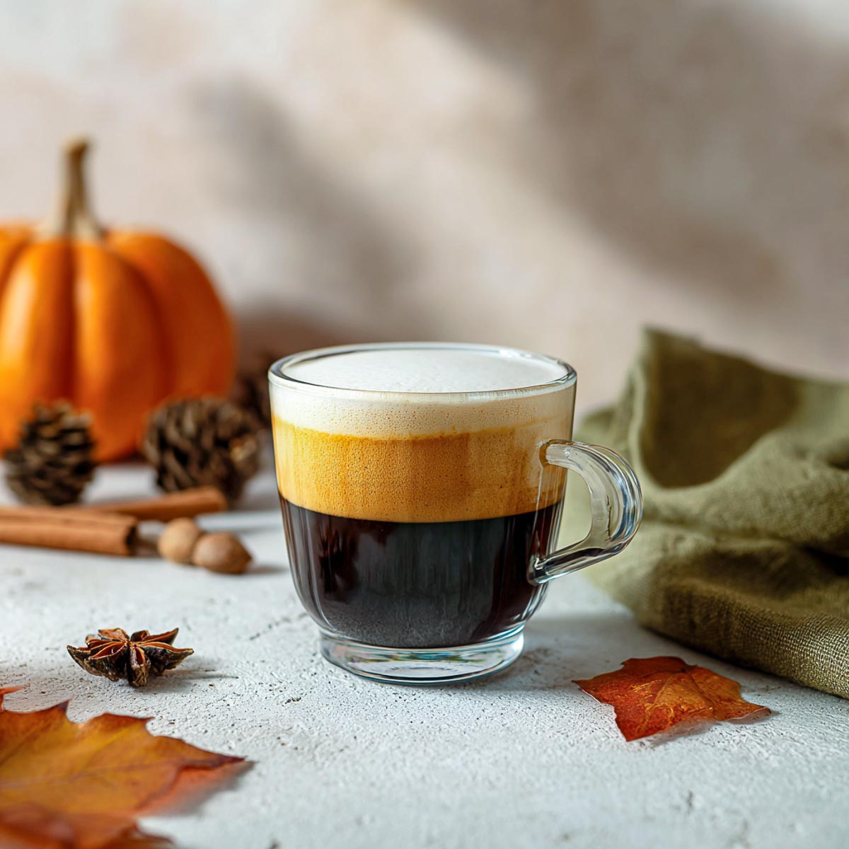 Espresso macchiato in small clear cup topped with thick pumpkin foam.