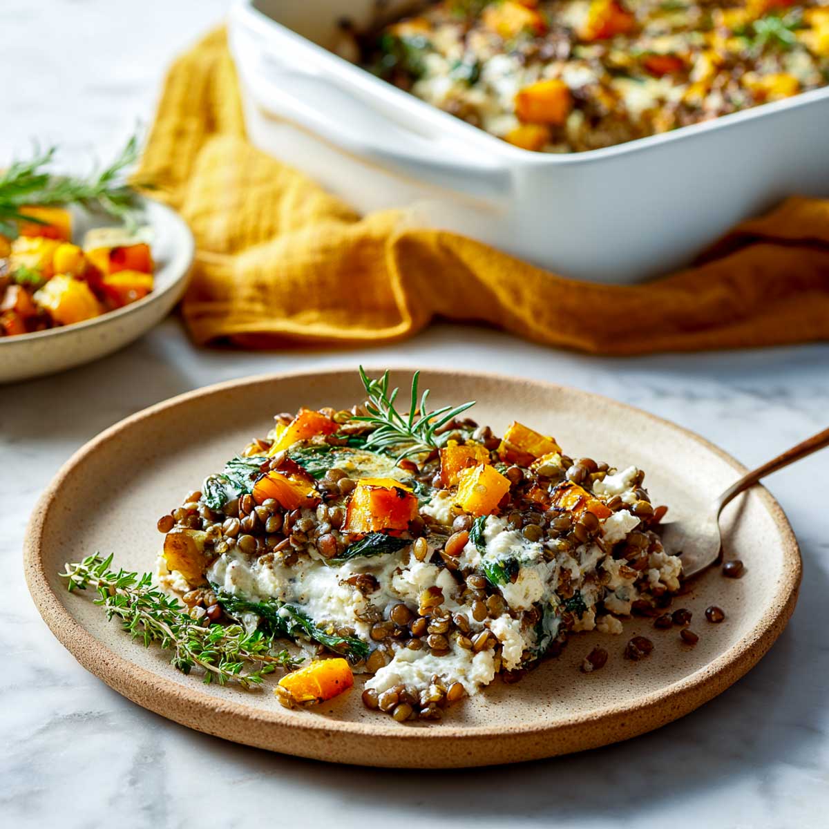 A plate of lentil and cottage cheese casserole.