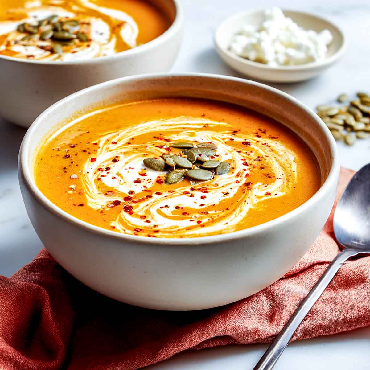 Creamy pumpkin soup topped with cottage cheese swirl and pepitas in bowl.