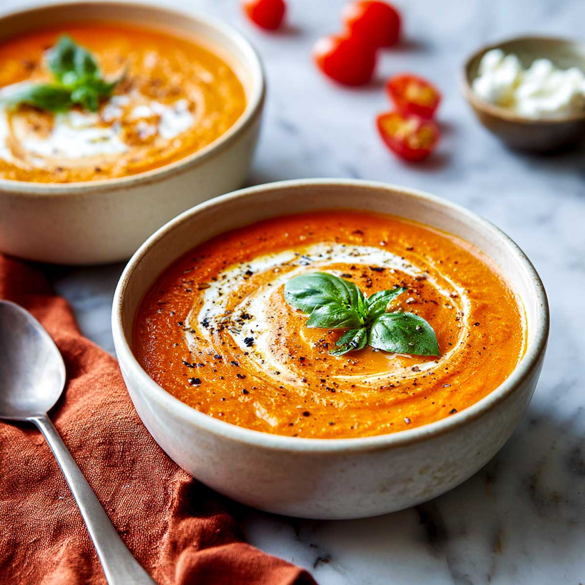 Two bowls of creamy tomato basil soup with a swirl of cottage cheese and fresh basil.