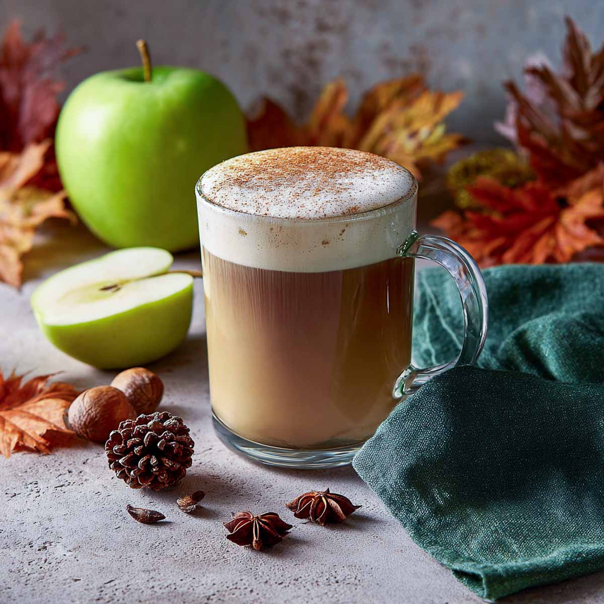 Hot apple crisp oatmilk macchiato in a clear mug with foam.