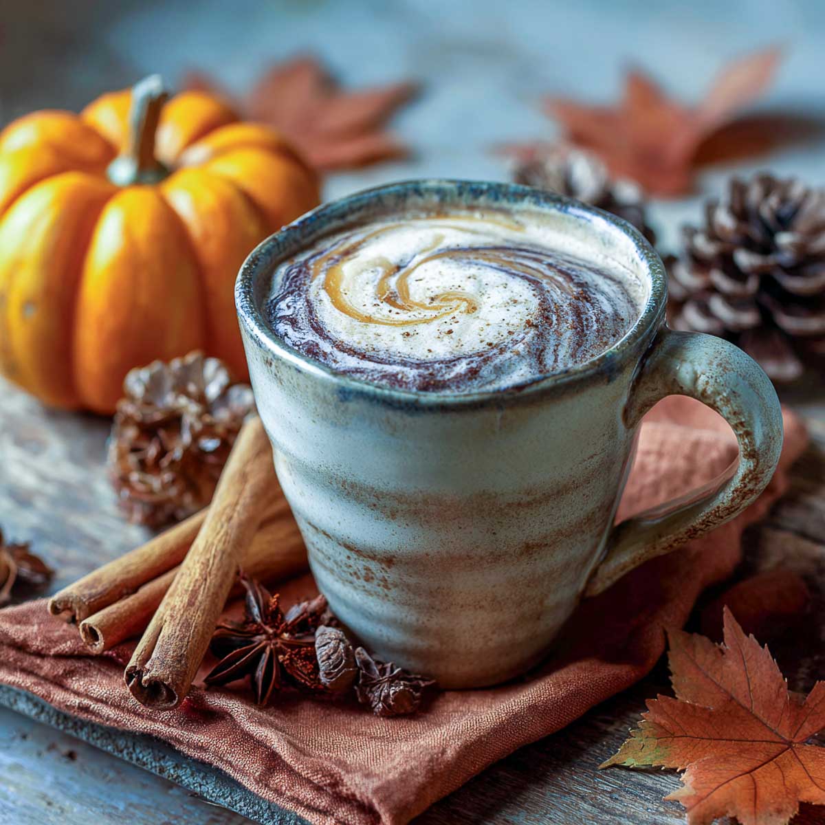 Hot chocolate in artisan mug with whipped cream and pumpkin swirl.